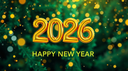 Golden balloons spell out 2026 with festive bokeh lights and green foliage background.の素材
