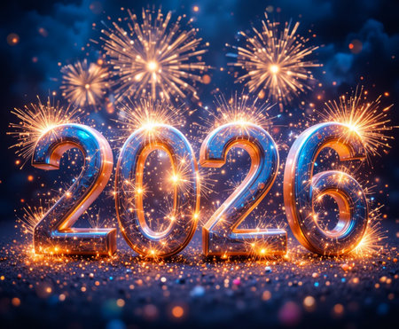 Shiny metallic 2026 numbers illuminated by vibrant fireworks and sparkling confetti.の素材