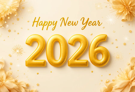 Shiny golden balloons spell out 2026 with festive confetti and floral accents.の素材