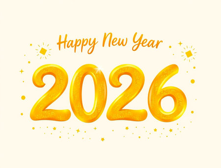 Golden balloons form the year 2026 with festive confetti and text.の素材