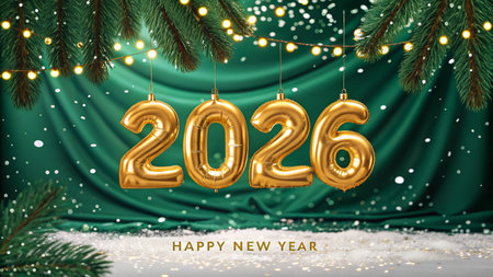 Golden balloons spelling out 2026 hang against a green backdrop with twinkling lights and snow.の素材