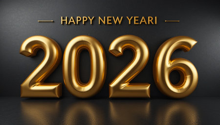 Shiny gold numbers 2026 with Happy New Year text on dark background.の素材