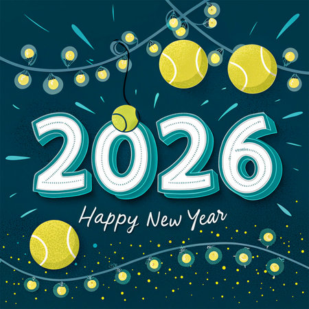 A festive New Year's greeting for 2026 featuring tennis balls and twinkling string lights.の素材