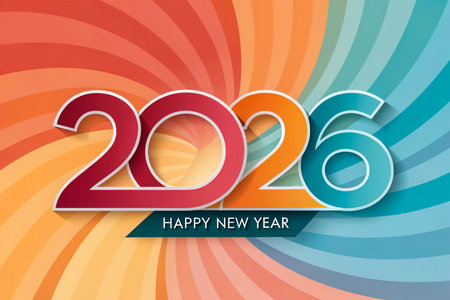 Colorful swirling background with large 2026 numbers and a happy new year banner.の素材