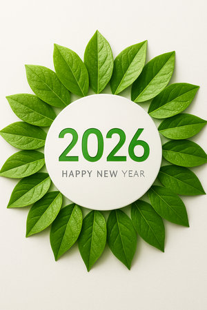 A white oval with the year 2026 and Happy New Year surrounded by green leaves.の素材