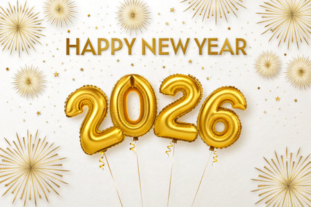 Golden balloons spell out Happy New Year 2026 surrounded by festive fireworks and confetti.の素材