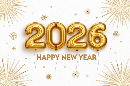 Shiny gold balloons spell out 2026 with Happy New Year text and festive fireworks.の素材