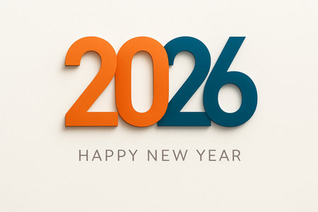 Bold orange and blue numbers represent the year 2026 with 'Happy New Year' text below.の素材