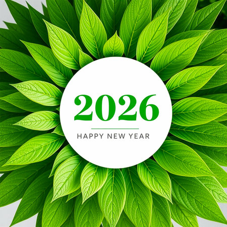 A vibrant circular arrangement of fresh green leaves frames a white circle with the year 2026 and happy new year.の素材