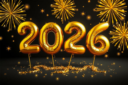 Shiny gold balloons spelling out 2026 float above scattered confetti with fireworks in the background.の素材