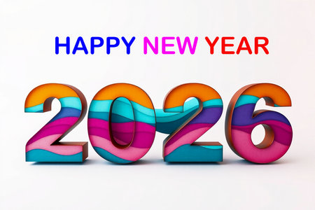 Bold, vibrant 2026 numbers with a "Happy New Year" message above.の素材