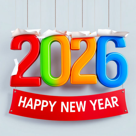 Brightly colored 2026 numbers adorned with snow sit above a red banner wishing a happy new year.の素材