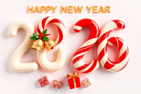 Candy canes form the numbers 2026 with festive ribbon and gift accents.の素材