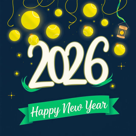 A festive illustration celebrating the New Year 2026 with glowing lights and a celebratory ribbon.の素材