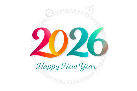 A vibrant "2026" in rainbow colors with "Happy New Year" below, set against a white background.の素材