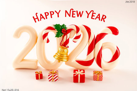 Festive candy canes form the year 2016, adorned with a bell and surrounded by gift boxes.の素材