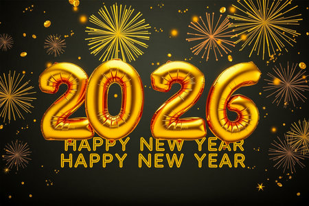 Shiny gold balloons spell out 2026 with a backdrop of dazzling fireworks and confetti.の素材