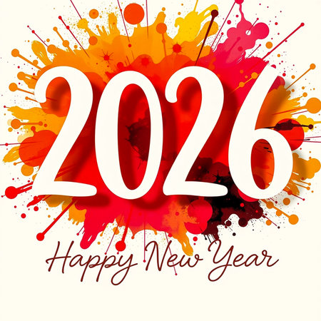 A dynamic explosion of red, orange, and yellow paint splatters behind the year 2026.の素材