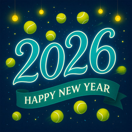 A festive New Year 2026 greeting featuring glowing tennis balls and string lights.の素材