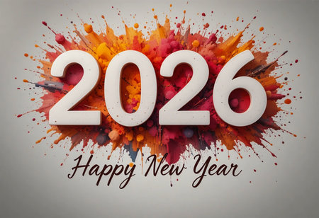 The year 2026 is celebrated with a dynamic explosion of vibrant colors and a "Happy New Year" message.の素材