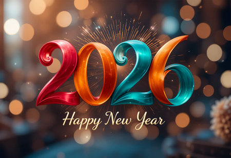 The year 2026 is celebrated with colorful, flowing numbers and a soft bokeh background.の素材