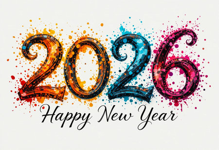Vibrant watercolor splashes form the numbers 2026 with 'Happy New Year' text below.の素材
