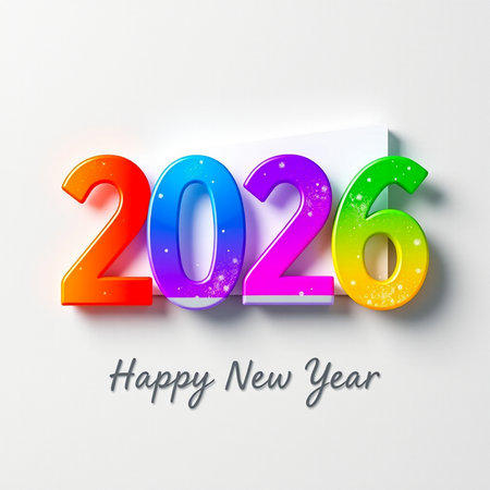 Vibrant, multicolored numbers 2026 with a happy new year message on a white background.の素材