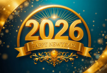 A festive golden arch displays the year 2026 with a 'Happy New Year' banner and ornate details.の素材