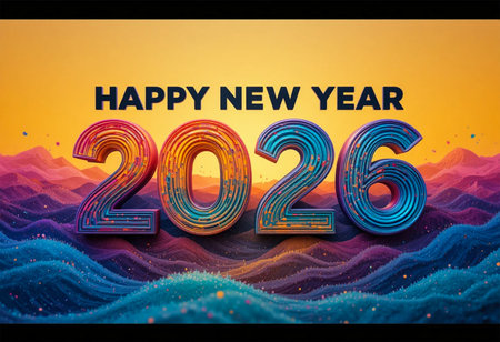 Bold 2026 numbers float above colorful, abstract waves under a warm, gradient sky.の素材