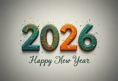 The year 2026 is displayed in colorful textured numbers with confetti and a happy new year message.の素材