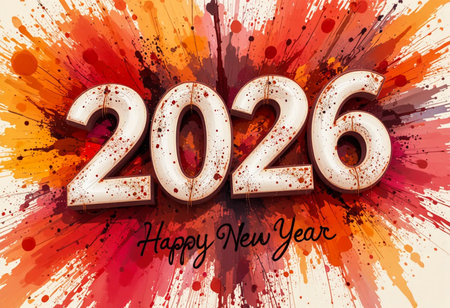 The year 2026 is celebrated with a vibrant explosion of red and orange paint.の素材