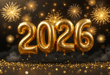 Shiny gold balloons spelling out 2026 float amidst a festive display of fireworks and glitter.の素材