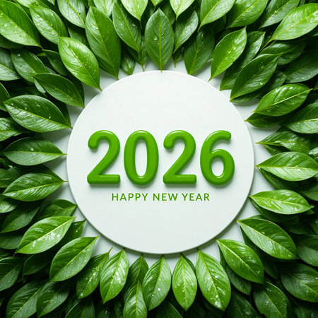 A circular arrangement of fresh green leaves surrounds the year 2026 and Happy New Year text.の素材