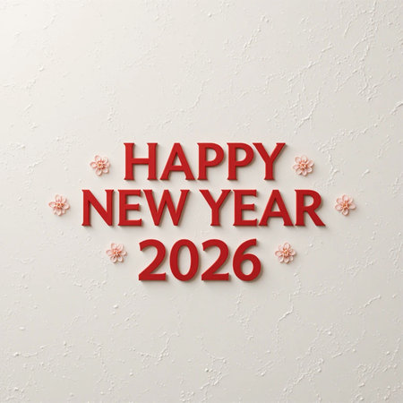 Bold red text wishing a Happy New Year 2026, adorned with delicate pink snowflakes.の素材
