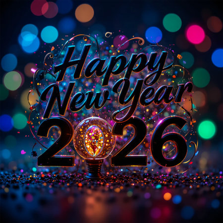 A festive New Year's Eve greeting with glowing bokeh lights and the year 2026 prominently displayed.の素材