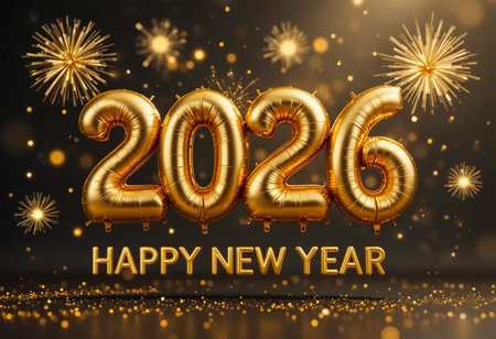Shiny gold balloons spell out 2026 with fireworks and confetti for New Year's Eve.の素材