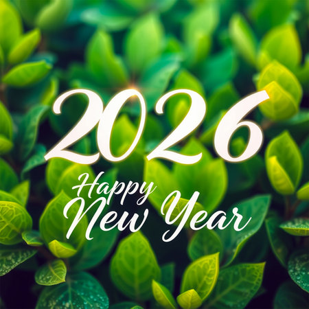 A vibrant green leafy background with '2026 Happy New Year' text overlay.の素材