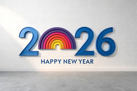 The year 2026 displayed in bold blue numbers with a vibrant rainbow arch.の素材