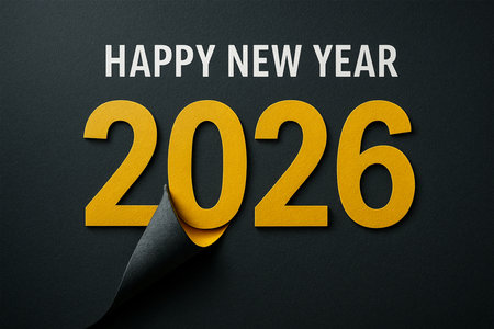 Golden digits of 2026 appear as a page is torn away revealing the new year.の素材