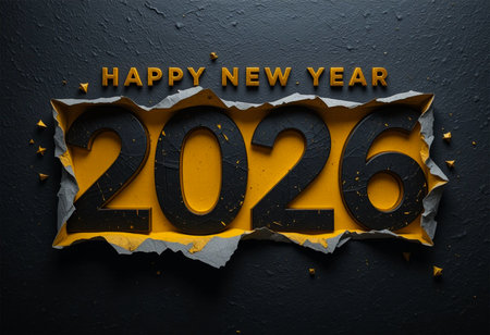 Bold 2026 numbers emerge from torn paper, signaling a new year.の素材