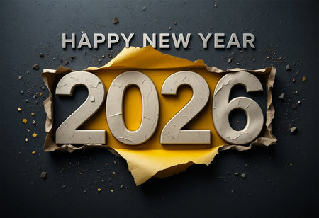 Golden 2026 numerals emerge from torn black paper, celebrating the new year.の素材