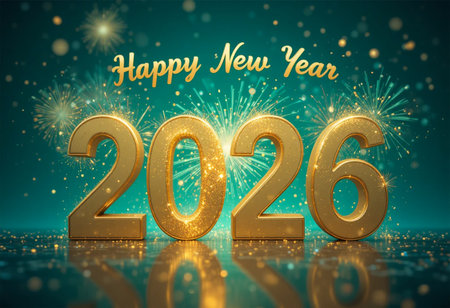 Golden 2026 numbers reflect on a shiny surface with fireworks and confetti.の素材