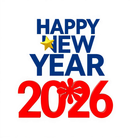 Bold blue text announces Happy New Year with a golden star and red numbers.の素材