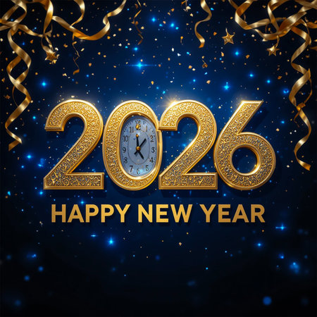 Sparkling golden numbers 2026 with a clock face and falling confetti celebrate the new year.の素材