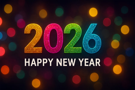 The year 2026 is displayed in vibrant colors against a bokeh background.の素材