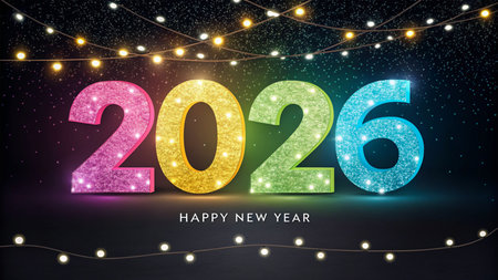Bright, glowing numbers for the year 2026 with a festive, celebratory feel.の素材