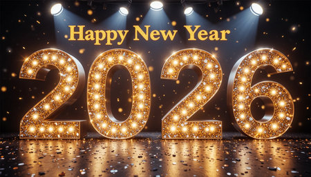Illuminated marquee numbers spell out 2026 with festive lights and confetti.の素材