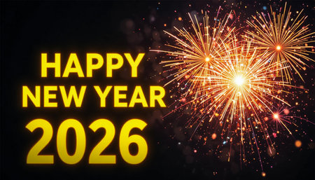 Bright golden fireworks explode against a dark sky with Happy New Year 2026 text.の素材