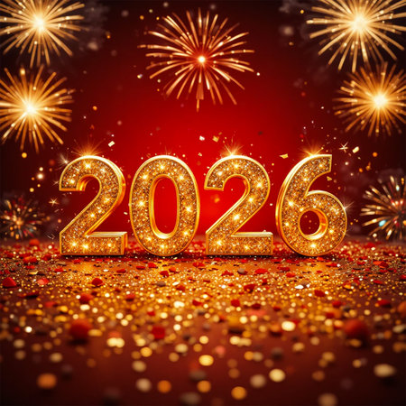 Golden glowing numbers 2026 illuminated with fireworks and shimmering confetti.の素材