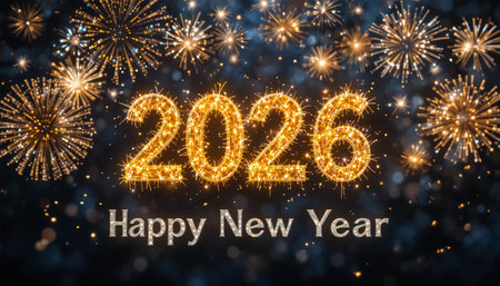 Golden glowing 2026 text with fireworks and starry night sky.の素材